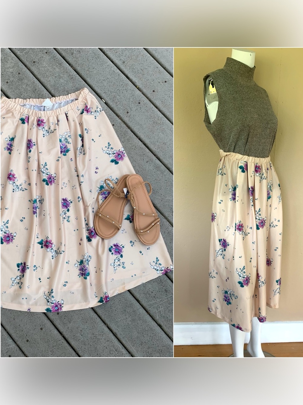 Vintage Tan Floral A-Line Skirt w Elastic Waist
